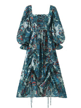 Palace Princess Green Flower Print Maxi Long Swing Dress With Cross Bandage Lacing up Crop Top Fairy Robe